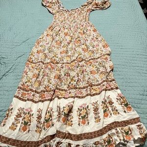 Floral Maxi Dress in Cream and Brown